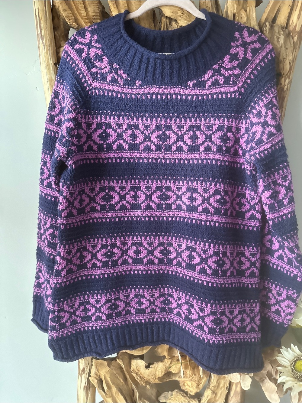 Northcrest Navy and Pink Fair Isle Crewneck Sweater